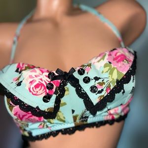 Betsey Johnson blue pink black rose lace pinup swimsuit bikini halter top only